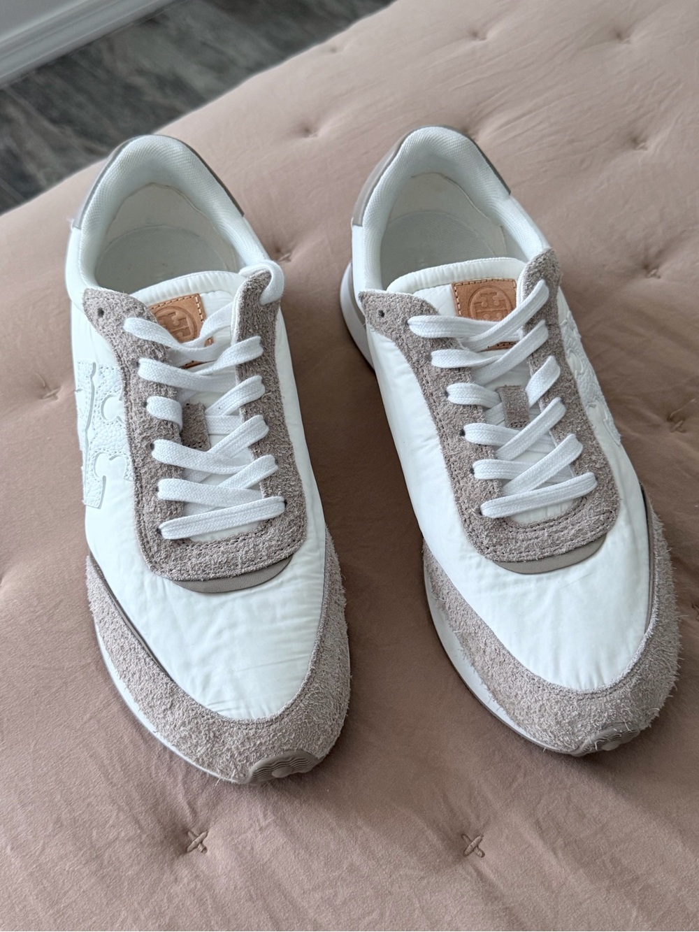 Tory Burch White and Beige Suede-Trim Sneakers